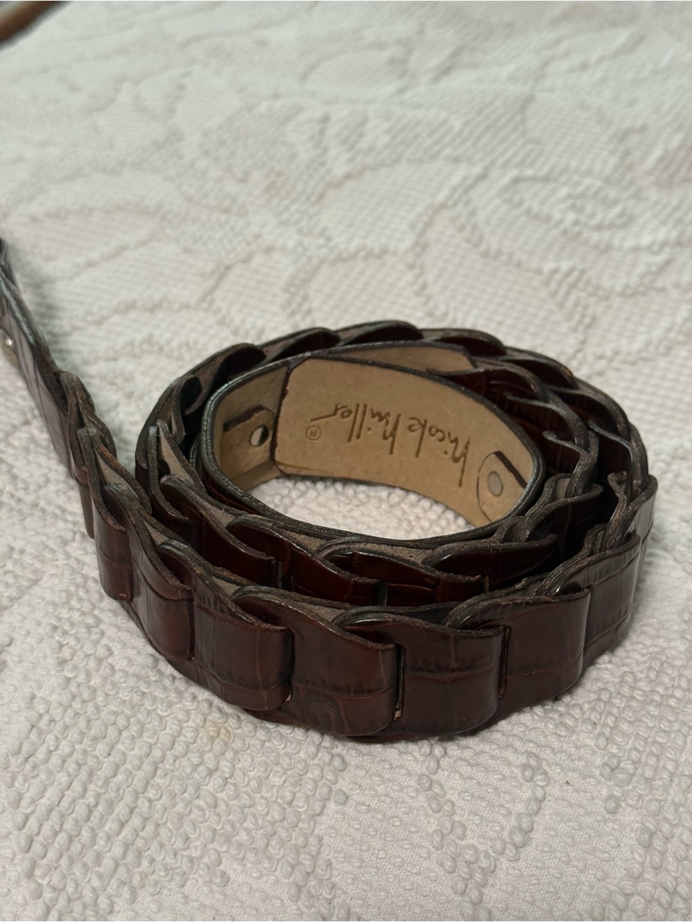 Nicole Miller Brown Croc Embossed Leather Woven Hook Belt Womens Size M 1232 - Picture 2 of 6